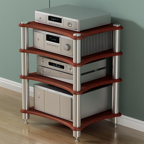 Torre de audio de 4 niveles, soporte multimedia de madera para el hogar/oficina, estante de esquina para reproductor de CD estéreo, DJ, teatro (acabado nogal, 60 x 50 x 80 cm)