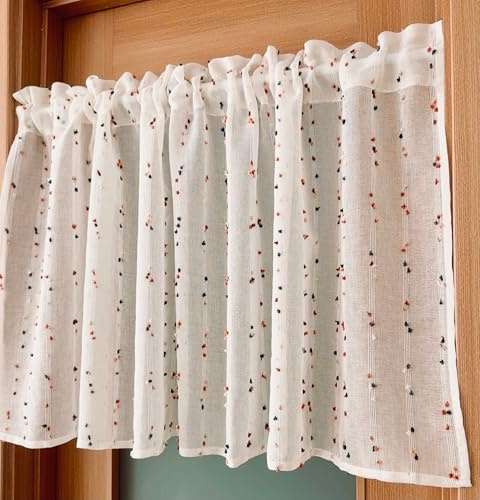 Jeeman Scheibengardine Leinenoptik kaffeehaus Kurzstores H30xB150cm | Naturfarbton 1 Stück Halbtransparente Pompon Deko boho Curtain Bistrogardine Gardine küche landhausstil Fenstergardinen
