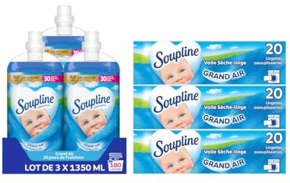 Soupline - Pack Familial Grand Air | Lot 3x1,35L Adoucissant Douceur & Soin + 3 Boîtes 20 Lingettes Sèche-Linge - Linge Doux et Délicat