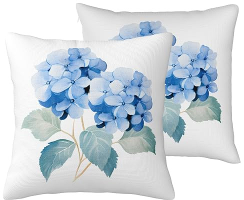 HOSTECCO Blå Hortensia Kuddöverdrag 45x45 cm Set med 2, Sommarens Blommiga Vattentäta Prydnadskuddar, Kuddöverdrag för Uteplats, Kustnära Uteplats, Möbel för Utomhusbruk