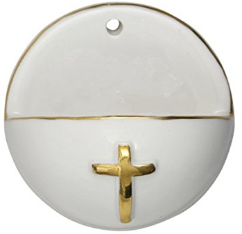 MaMeMi Acquasantiera in Porcellana Ø 6 cm con Croce e Bordo Oro – Decorativa da Appendere, Regalo per Battesimo, Comunione, Cresima o Nuova Casa