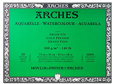 Arches A1795062 Aquarellpapier im Block (31 x 41 cm, 4-seitig geleimt, 300g/m² Feinkorn) 20 Blatt naturweiß
