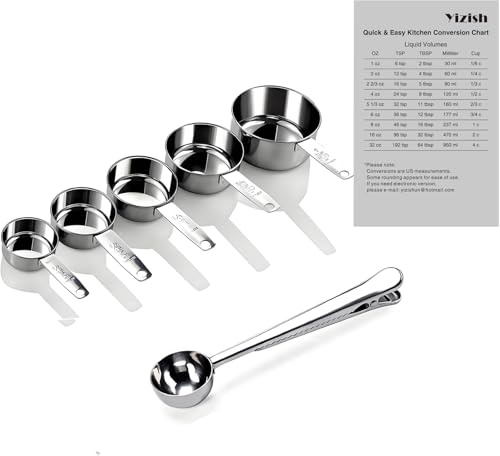 Yizish Edelstahl Messbecher und Scoop mit Clip, Küchenumrechnungstabelle 7er Set für Trockene und Flüssige Zutaten