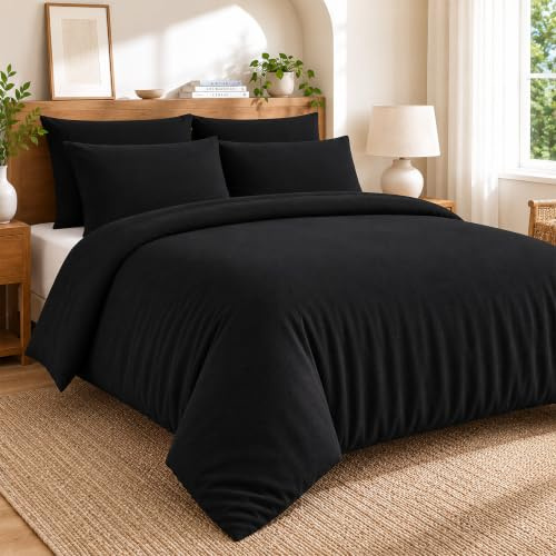 EGYPTO Flannelette Duvet Cover Set – 100% Brushed Cotton Duvet Cover Set - Breathable & Hypoallergenic Thermal Soft Flannel Duvet Cover with Pillowcases (Single, Black)