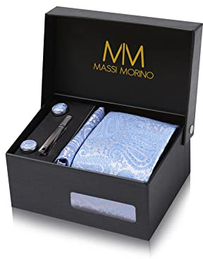 Massi Morino Krawatte Paisley Hellblau mit Einstecktuch Set Herren inkl. Manschettenknöpfe, Krawattennadel und Geschenkbox - Männer Krawattenset zur Hochzeit