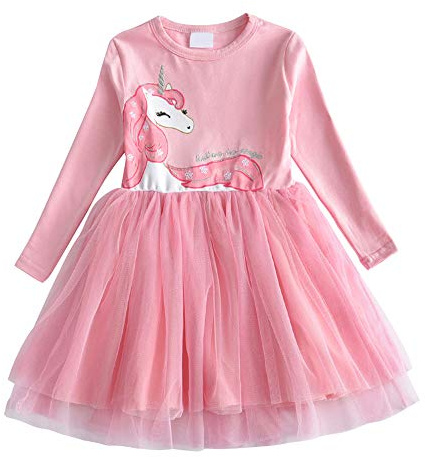 DXTON Le Ragazze Vestono Abiti da Festa Casual a Maniche Lunghe in Tulle con Principessa Unicorno 2-8 Anni