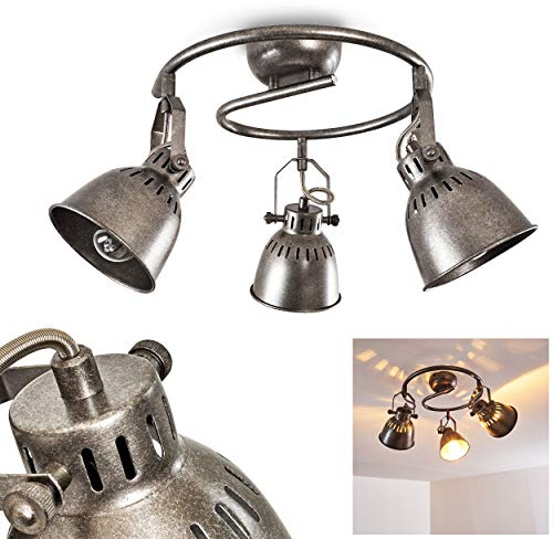 Deckenleuchte Nanlia, runde Deckenlampe aus Metall in Silber/Grau, 3-flammig, Rondell mit verstellbaren Strahlern, 3 x E14-Fassung, max. 40 Watt, Deckenstrahler im Retro/Vintage Design, LED geeignet