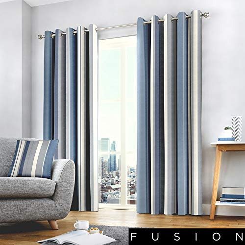 Fusion Whitworth Stripe Eyelet Lined Curtains, Blue, 66 x 54 Inch