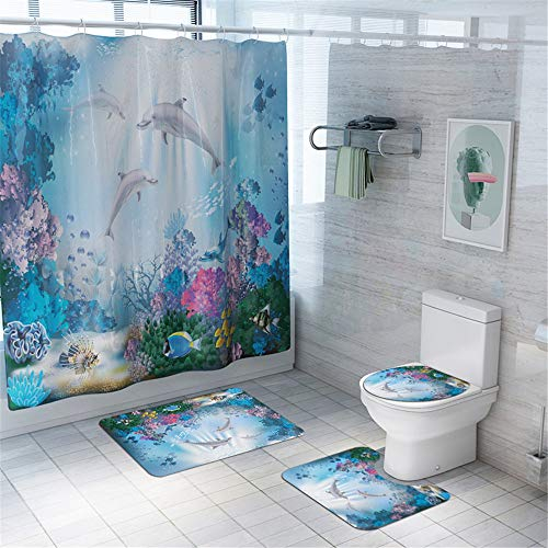 Enhome Juego de 4 Piezas de Alfombra de baño Antideslizante + Tapa de Inodoro + Alfombrilla de baño + Cortina de Ducha, Animal Marino (Delfín)