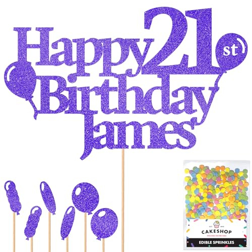 Personalised Happy Birthday Glitter Cake Topper with Balloons - Blue Any Name Age Glitter Cake Decoration and Sprinkles - Happy Birthday Decorations - Personalised Toppers for Cakes by Cakeshop