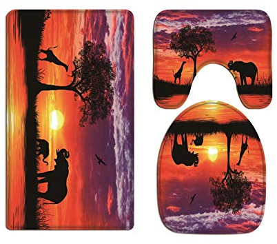 A.Monamour Juego de 3 Alfombrillas de Baño Silueta De Animales Africanos Elefante Jirafa Árbol Al Atardecer Cielo Colorido Franela Absorbente Antideslizantes Alfombra de Baño Tapete