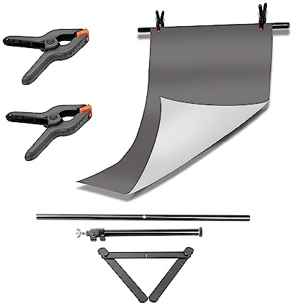 Pixapro 56x88cm Dual Sided Coloured Paper Backgrounds Food Photography Backdrop Lighting Self Tape Photo shoot Portrait Studio Screen Kit Filming Light Booth (With Stand, Light Grey/Dark Grey)