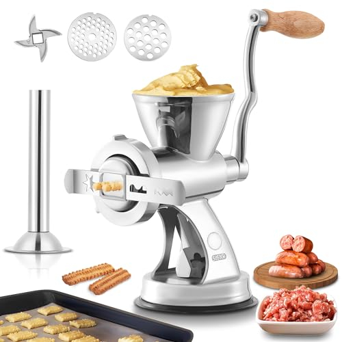 Hanchen Manual Meat Grinder Mincer Sausage Stuffer All Stainless Steel Household Sausage Stuffing Machine with 8mm & 5mm Cutting Plates,Suction Cup