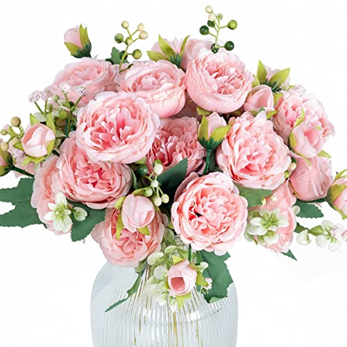Hobyhoon 4 Bunches Peony Artificial Flowers for Decoration Faux Roses Fake Bouquet Real Touch Silk Flores Artificiales for Vase Wedding Home Décor (Light Pink)