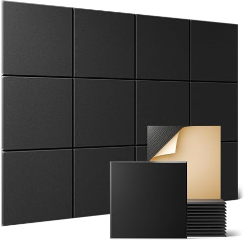 Sonicism 12 Pack Acoustic Wall Panels with Self-Adhesive, 12 X 12 X 0.4 Sound Proof Foam Panels, Decorative Soundproof Wall Panels, Sound Proof Absorbing Tiles for Home & Offices, Black