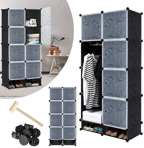 VA-Cerulean Armadio Modulare,per camera da letto, in plastica, 8 cubi, nero, sistema di scaffali con porta, asta appendiabiti e scarpiera, armadio pieghevole portatile per vestiti, libri, giocattoli