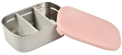 BÉABA, Lunchbox para niños, fiambrera, Bento, fiambrera en acero inoxidable, a prueva de fugas, con compartimentos, funda de silicona, 760mL, gris/rosa
