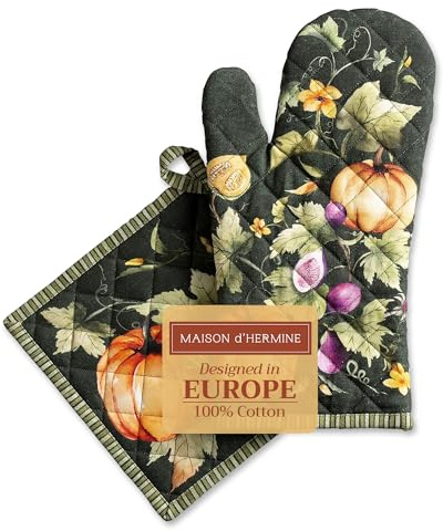 Maison d' Hermine Pumpkin Garden - Dark Green Ensemble de Gants de Four 100% Coton (19cm x 33cm) et maniques (20cm x 20cm) pour Barbecue, Cuisiner, Four à Micro-Ondes, Barbecue, Thanksgiving/Noël