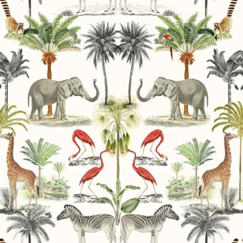 Arthouse Mirrored Jungle Animals Palm Trees Wallpaper - Multi/White 924109