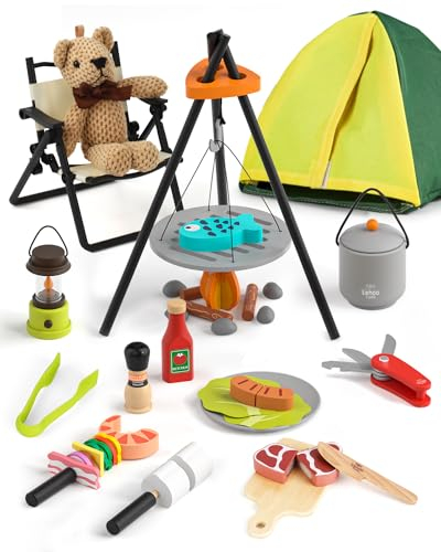 Lehoo Castle Spielküche Zubehör Holz, Outdoor Spielzeug ab 3+ Jahre, Camping Spielset Kinder, Kinderküche Zubehör, Holzspielzeug, Jungen und Mädchen Geschenke 3 Jahre