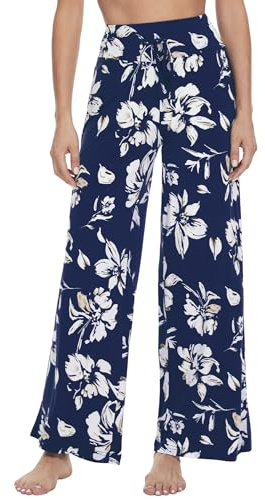 WiWi Pantaloni da pigiama da donna, taglie forti, gamba larga, morbidi, in viscosa, realizzati in bambù, S-4X, A-navy Floreale, Small