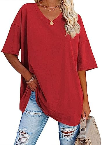 WINKEEY Camisa de Manga Corta de Color sólido para Mujer Camiseta básica Suelta de Verano Cuello en V Casual tee Tops (Rojo,S)