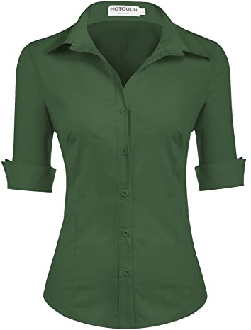 Hotouch blus damer kortärmad bomull skjorta blus sommar business outfit, Mörkgrön (en storlek mindre för Slim Fit), M