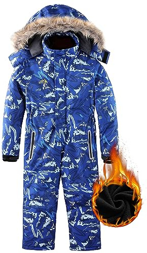 AFILOK Kid's Winter Overalls Ski Suits Boy's and Girl's Waterproof Snowboard Jumpsuits One Piece Snowsuit Jackets Coats (10-12, Blue Snowy Mountains)