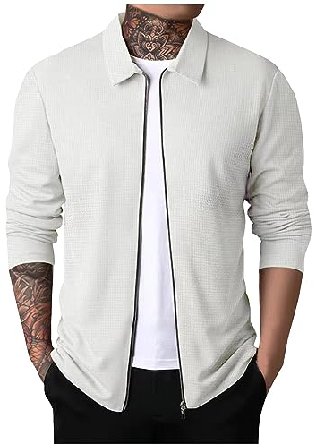 LUNULE Trachten Jacken Herren Fahrradmantel 26 Zoll Daunenjacke Herren Leicht Leichte Dünne Waffel Einfarbig Revers Sweatjacke Mit Reißverschluss Casual Slim Fit Sweatshirt Jacke (Weiß, XL)