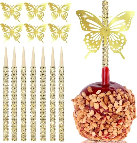 24 Stück Bambusstäbchen für Kandierte Äpfel, Schmetterling Dekoration Karamell-Apfel Stäbchen aus Holz, Obst Leckereien Pop Dec Bar für Dessert Tisch Tee Party Geburtstag Hochzeit Buffet (Gold)