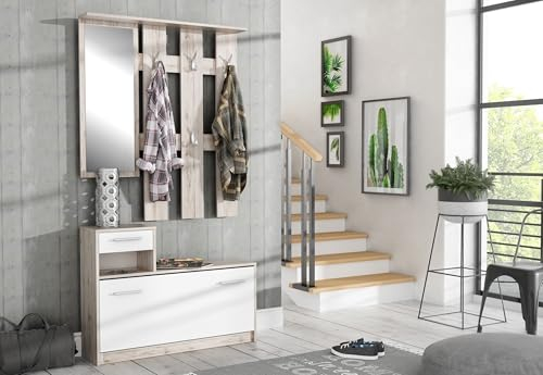 möbelando Garderoben-Set >Foxi< (2-teilig) in Weiss/Sandeiche Dekor - 97,5x180x25cm (BxHxT)