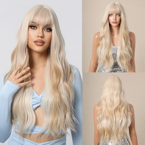CGVG Perücke Damen Blond Lange Gewellte Blonde Perücke Frauen mit Pony Tägliche Verwendung Party Karneval