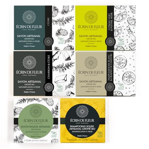 Écrin de Fleur – Bio-Seife für Männer, 6er-Pack (Zedernseife, Limettenseife, Kohleseife, Peelingseife, Grapefruitseife, festes Shampoo – Essig, Cidre-Zedernholz, Rasierseife Zedernholz)