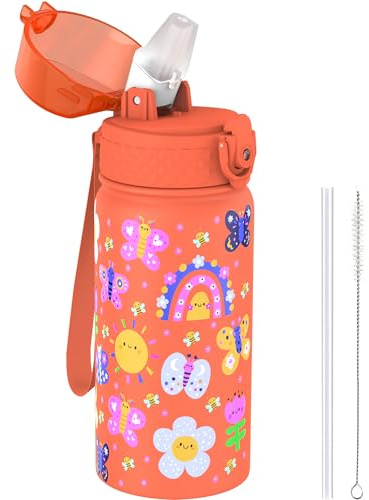 GOPPUS 420ml/14oz Kids Insulated Water Bottle with Straw Cute Double Wall Stainless Steel Child's Small Flask Vacuum Insulated Steel Metal Leak Proof Drink Flask Boys Toddler Girls Bottles BPA-Free