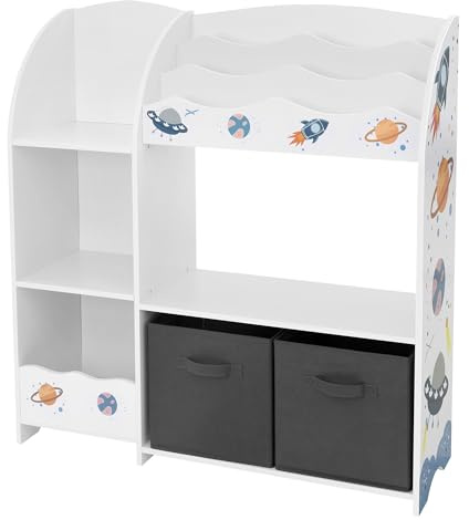 Joyz Kinderregal, Weltraum-Motiv, 93x30x98 cm, Weiß, Spielzeugregal mit 8 Ablagefächern und 2 abnehmbaren Stoffboxen, Kinder-Bücherregal Holz, Kinderzimmerregal Aufbewahrungsregal Spielzeug Organizer
