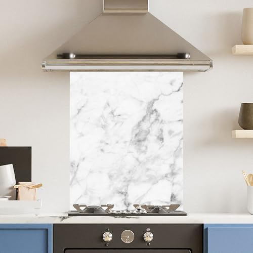 Toughened 6mm Glass Kitchen Splashback 60 x 75cm Veiny White Marble - Polished Heat Resistant Back Splash for Cookers Hob