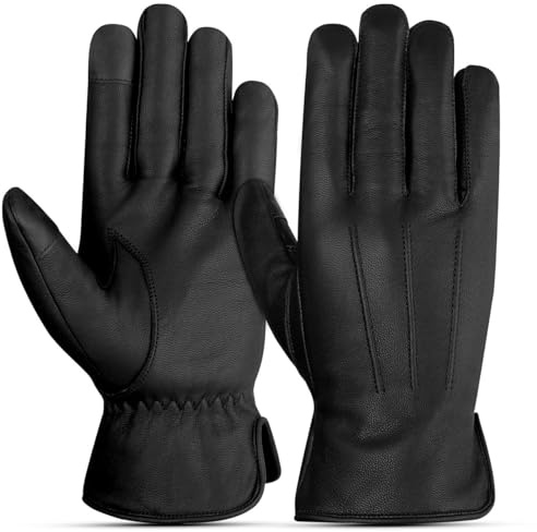 The AMA LOOK Men's Winter Leather Gloves, Warm Cashmere Lined Fleece Lined Leather Gloves for Men, Touchscreen Compatible Outdoor Black Leather Driving Gloves (Black, XL)