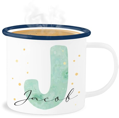 Emaille Becher Blechbecher - Tasse - Anfangsbuchstabe Personalisierbar mit Namen | Geschenk mit Initialen | Initialbuchstabe und Name individuell kombinierbar - 300 ml - Weiß Blau