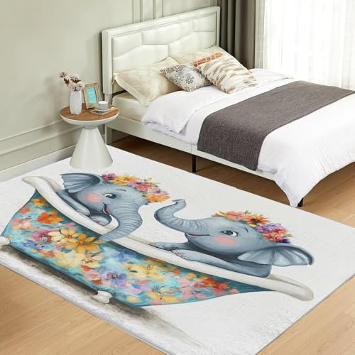 NAWVNMI Waschbarer Teppich Krabbelmatte Babyzimmer Kinder rutschfest Flauschig Teppich Teppich Kinderzimmer Junge Mädchen Kinderteppich, Cartoon-Elefant - Duschelefant, 140 x 200 cm