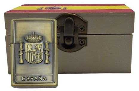 Mechero Recargable Dorado con Grabado del Escudo de España. Se Envía en Cajita de Madera con la Bandera de España. Encendedor de Gasolina (Escudo de España)