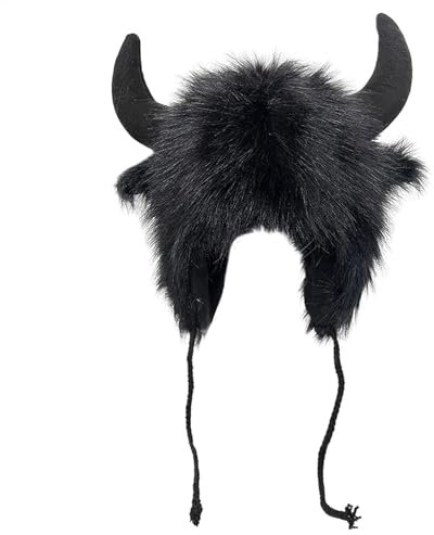 Bullhornhut – warmer Plüschhornhut | Bison-Hut mit Hörnern | Winter-Büffelhut mit Hörnern | Plüsch-Ohrenklappen-Hut mit Hörnern als Geschenk für Männer und Frauen für Tier-Cosplay, Festival,