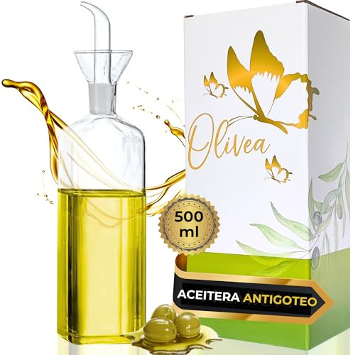Aceitera Antigoteo Cristal OLIVEA® – Botella de Vidrio Borosilicato 500 ml con Dosificador Extraíble – Dispensador de Aceite Cocina Sin Goteo – Botella para Vinagre, Aliños, Salsa, AOVE