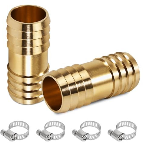 Pack of 2 Brass Hose Connectors 3/4 Inch with 4 Pieces Stainless Steel Hose Clamps, Brass Hose Nozzle Hose Screw Connection, 2 Way for 3/4 Inch Garden Hose