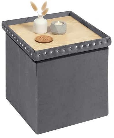 PINPLUS Sitzhocker mit Stauraum, Faltbarer Sitzwürfel aus Samt, Polsterhocker mit Aufbewahrungsbox für Wohnzimmer & Schlafzimmer, 40x40x40 cm, Grau