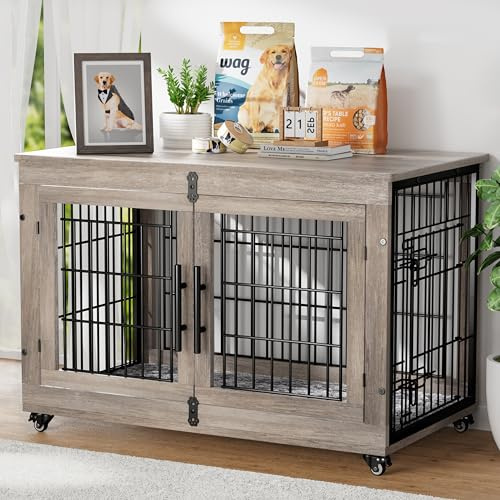 GIKPAL Hundebox für Zuhause mit Kissen, 98cm Hundekäfig Möbel für Drinnen mit Doppeltüren und Rädern, Moderne Hundehaus Holz für Mittlere, Große Hunde bis zu 70 lb, 98x64x68cm, Grau