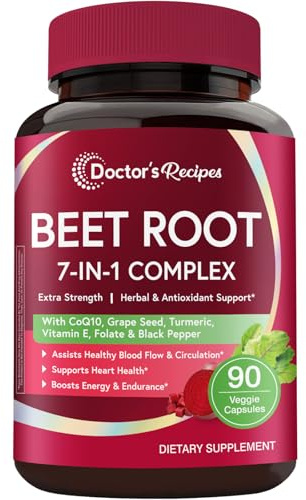Doctor's Recipes Beet Root Capsules, 20:1 Extract with Grape Seed, CoQ10, Turmeric, Black Pepper for Enhanced Absorption, Supports Heart, Circulation, Energy & Nitric Oxide, Non-GMO, 90 Veg Caps