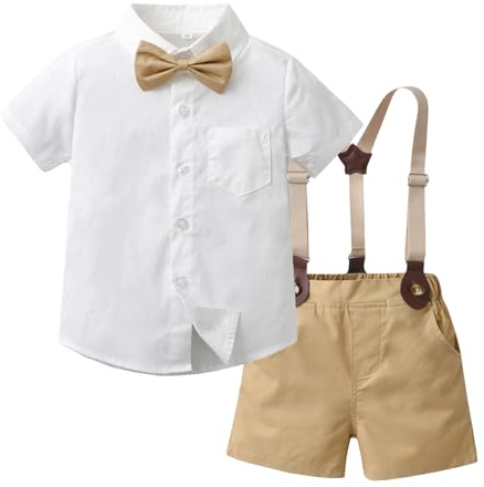 Yishengwan Bimbo Completini e Coordinati Gentiluomo, Camicia a Maniche Corte e Papillon + Pantaloncini con Bretelle Completo Cerimonia per Bambini e Ragazzi Beige Bianco 2-3 Anni