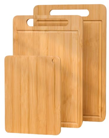 Set di tavole da taglio di bambù, tavole da taglio in legno da cucina extra spesse con scanalature di succo per intagliare carne, tagliare verdure, formaggi e pane (3PCS)