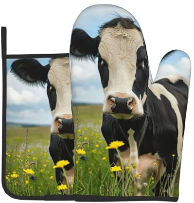 Juego de manoplas y soporte para ollas con estampado de vaca lechera, un imprescindible para cocina, horno, microondas y parrilla