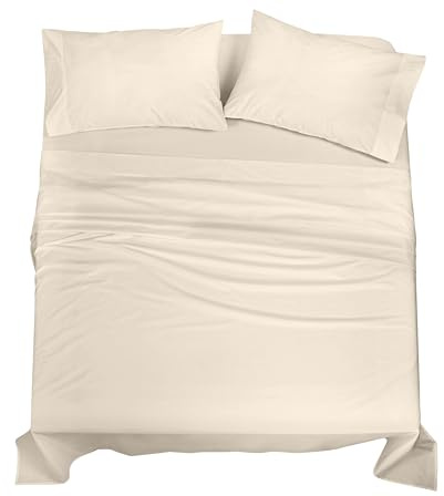 ROYALE LINENS 100% Organic Cotton Queen Sheet Set - Percale Weave - 4 Pieces Set - 1 Flat, 1 Deep Pocket Fitted Sheet and 2 Pillowcases - Cream Bed Sheets - Sábanas Queen - Crisp Cool (Cream)